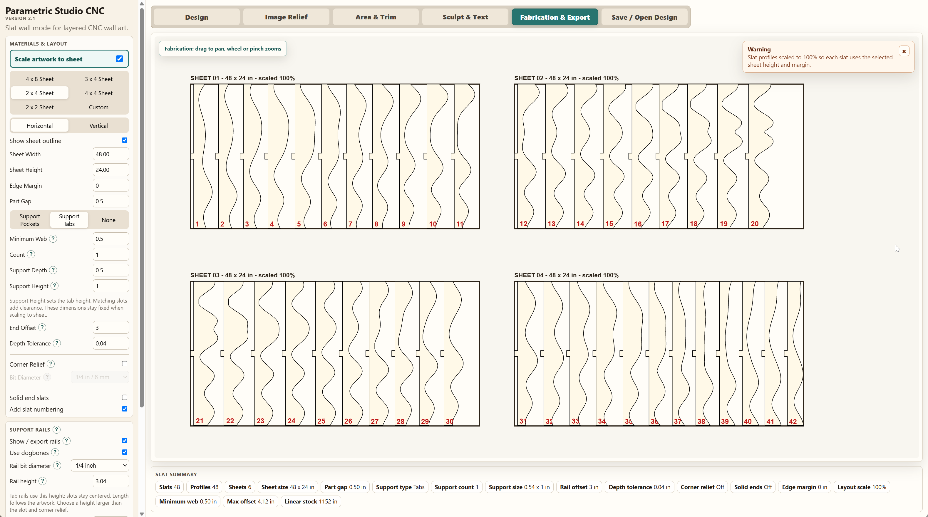 Fabrication interface with numbered slat profiles arranged on sheets