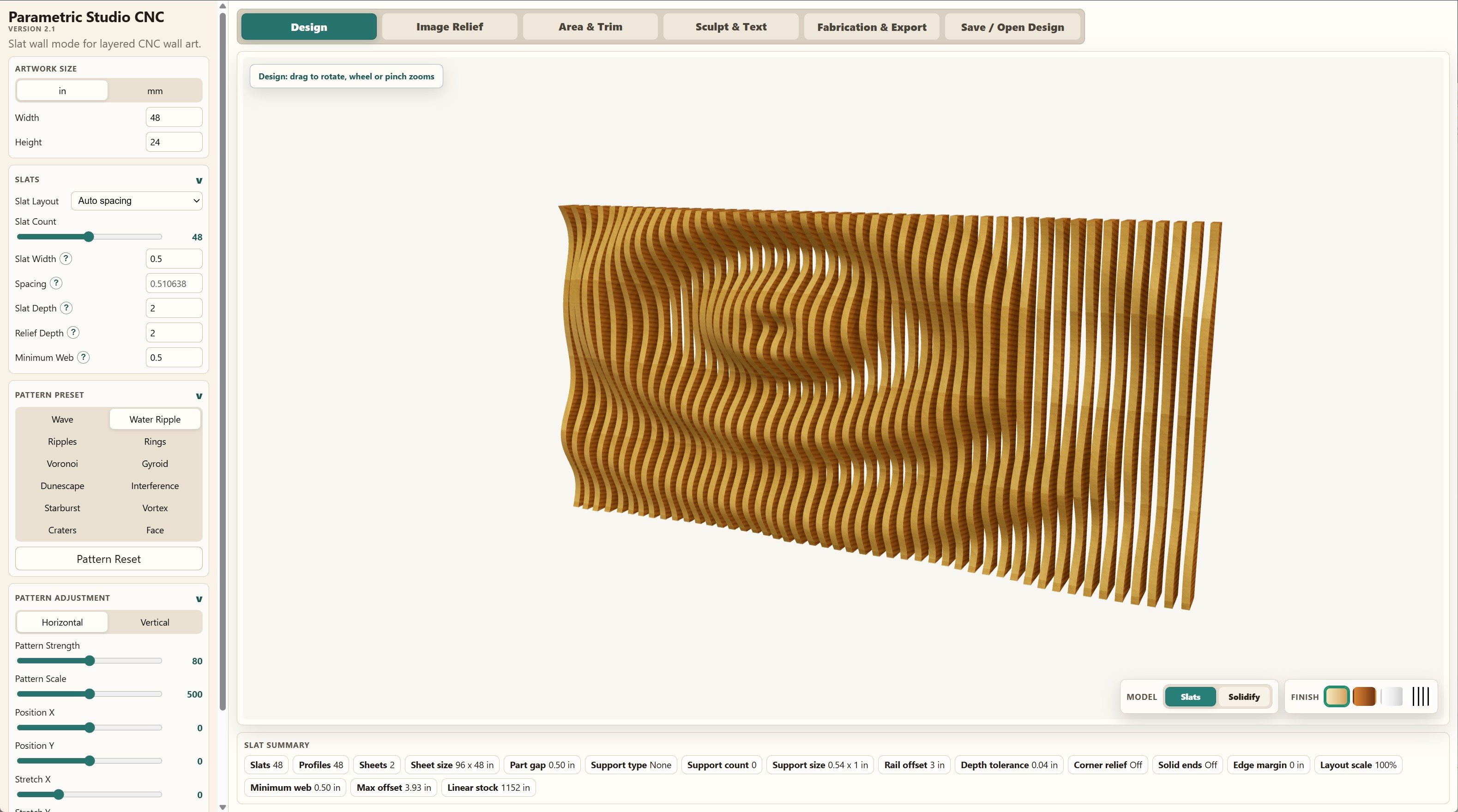 Version 2.1 interface showing a golden water ripple slat panel