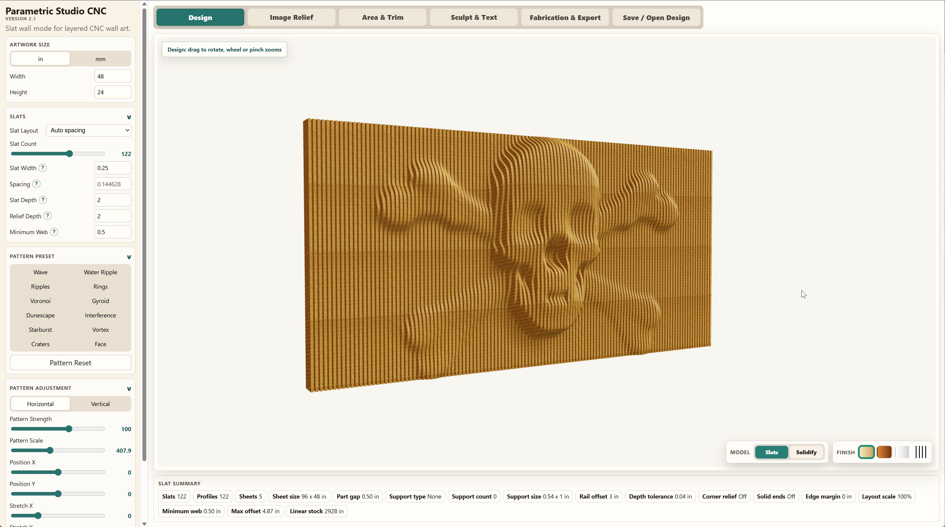 Skull relief displayed as a golden slat panel in the app