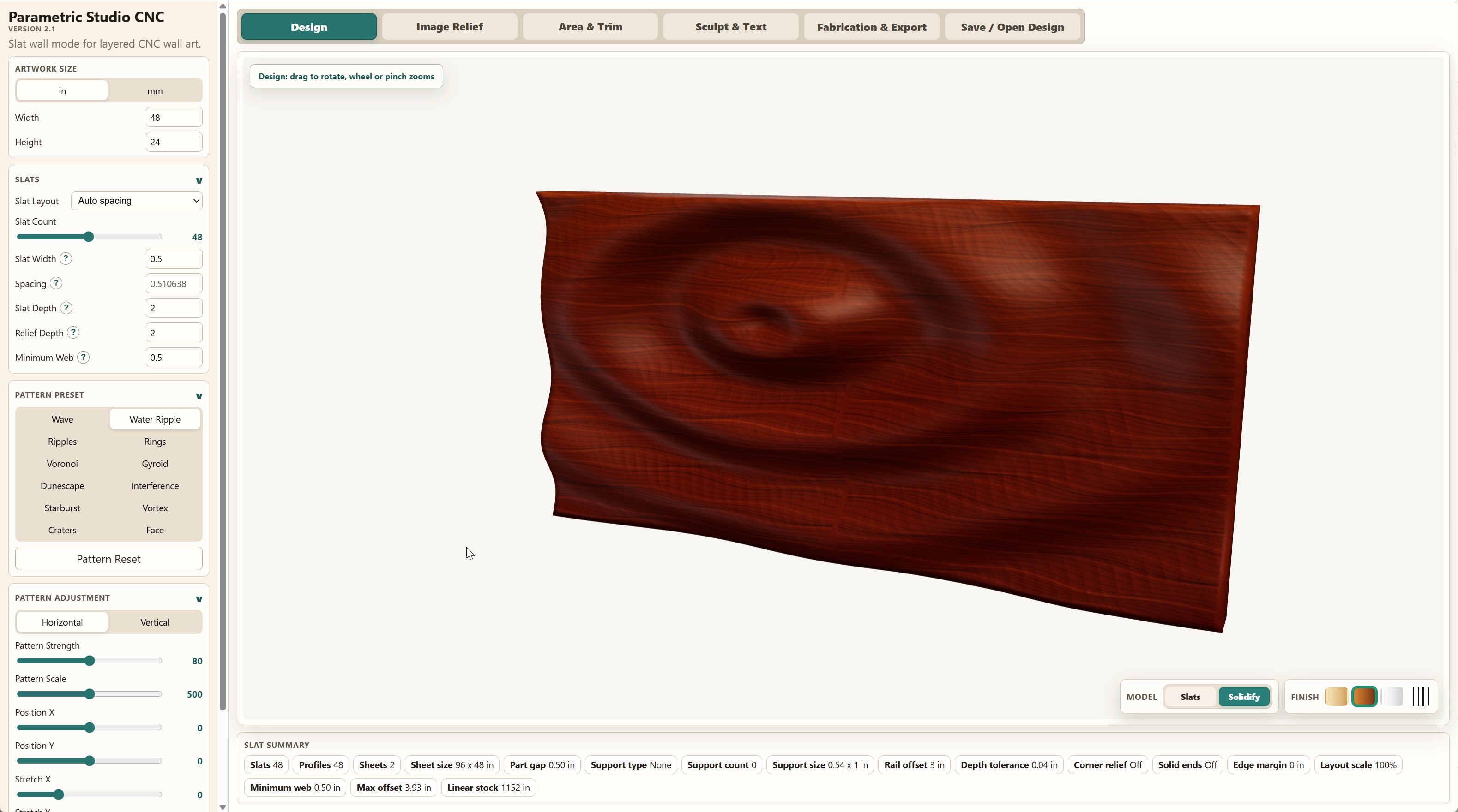 Solidify mode displaying a continuous dark wood wave surface