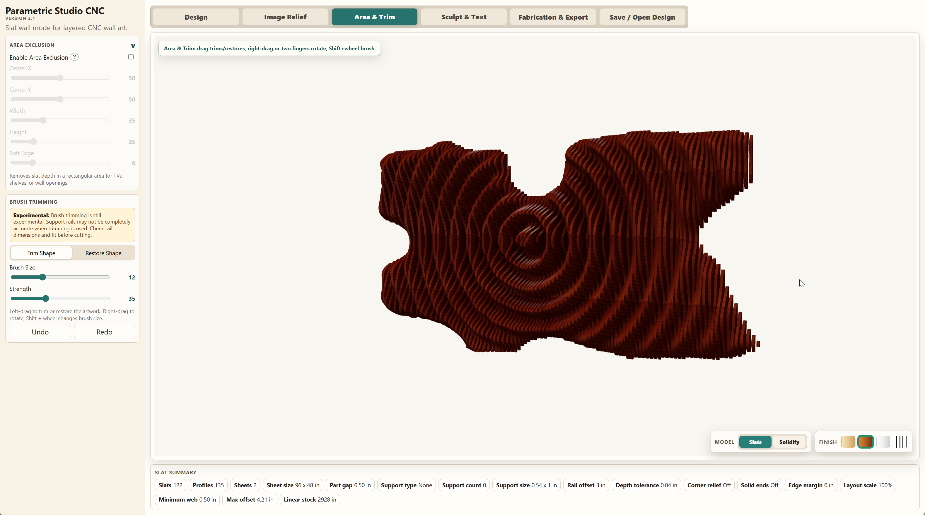 Area and Trim interface showing an irregular sculpted outline